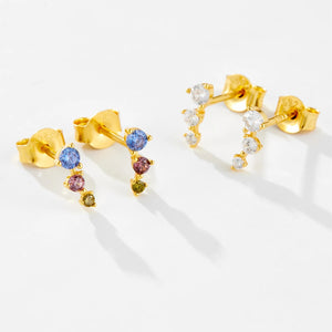 925 Sterling Silver Gold Three Zircon Line Stud Earring CZ Rainbow Piercing Clip Pendiente Luxury Pendiente Jewelry Solvana