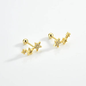 925 Sterling Silver Gold Three Star Stud Earring Piercing Pendiente Women Clips Fine Jewelry Rock Punk Jewels Solvana