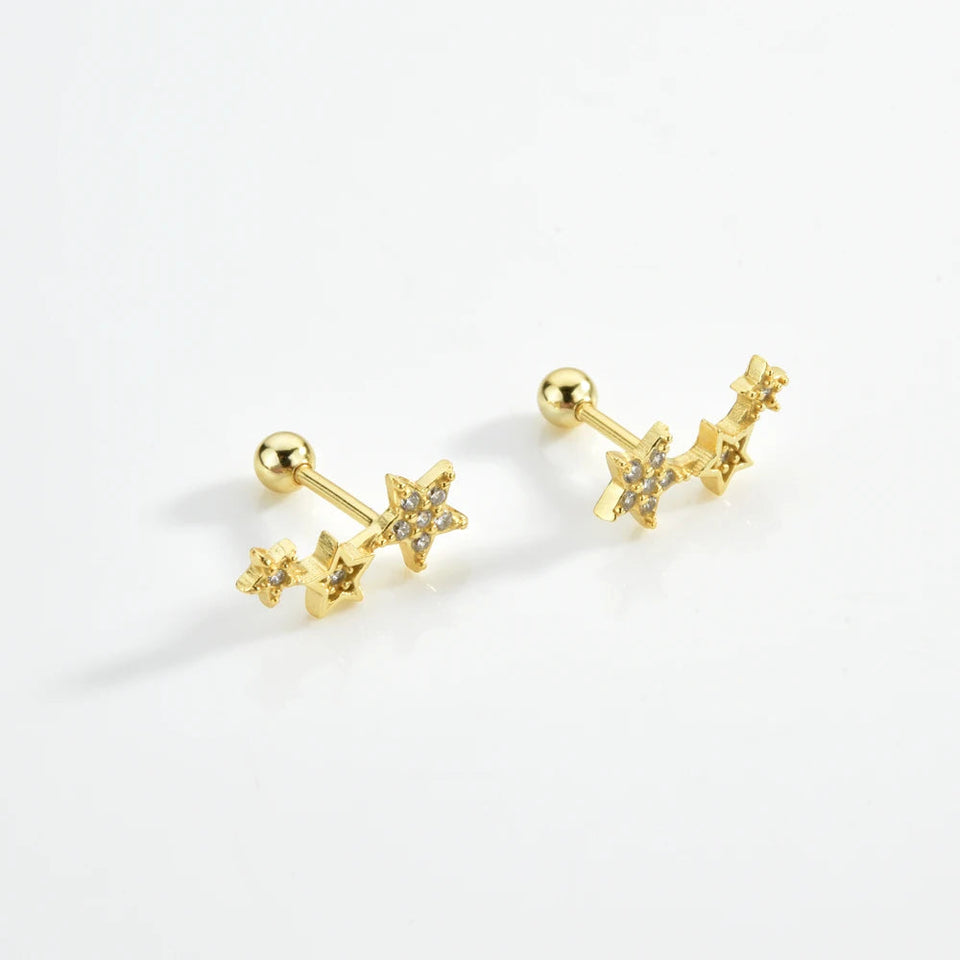 925 Sterling Silver Gold Three Star Stud Earring Piercing Pendiente Women Clips Fine Jewelry Rock Punk Jewels Solvana