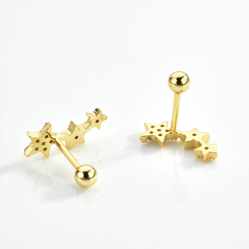 925 Sterling Silver Gold Three Star Stud Earring Piercing Pendiente Women Clips Fine Jewelry Rock Punk Jewels Solvana