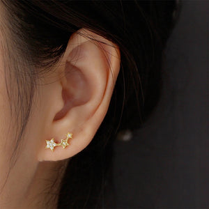 925 Sterling Silver Gold Three Star Stud Earring Piercing Pendiente Women Clips Fine Jewelry Rock Punk Jewels Solvana