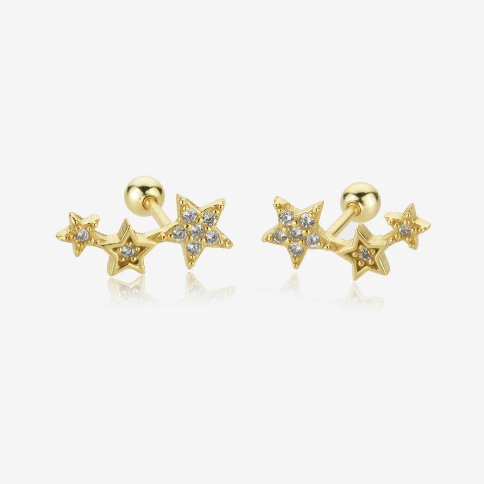 925 Sterling Silver Gold Three Star Stud Earring Piercing Pendiente Women Clips Fine Jewelry Rock Punk Jewels Solvana