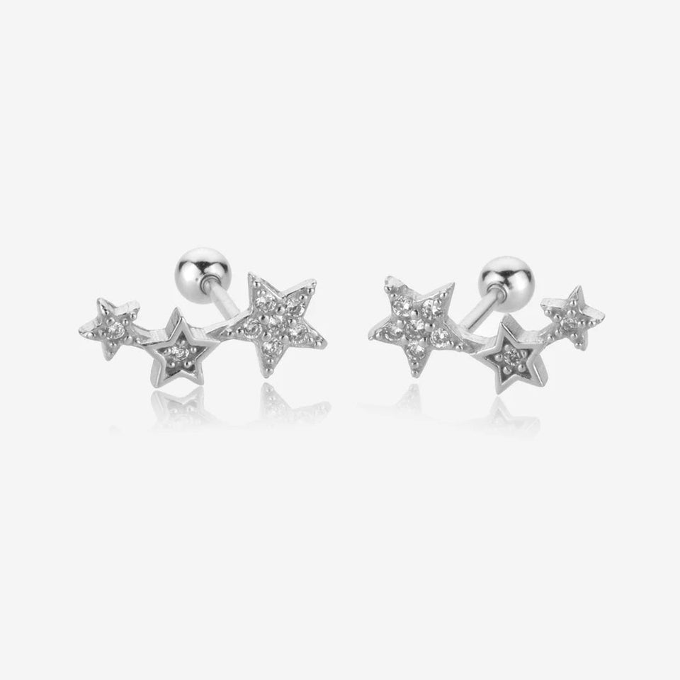 925 Sterling Silver Gold Three Star Stud Earring Piercing Pendiente Women Clips Fine Jewelry Rock Punk Jewels Solvana