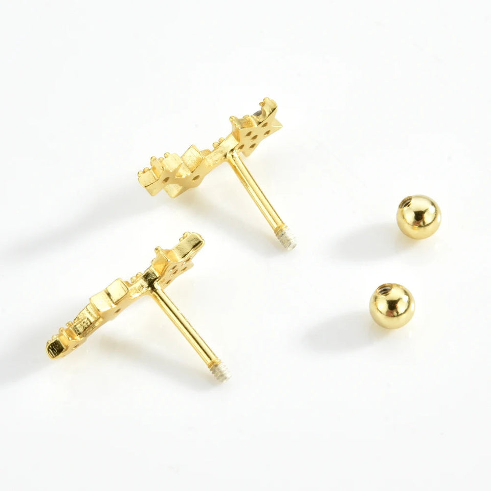 925 Sterling Silver Gold Three Star Stud Earring Piercing Pendiente Women Clips Fine Jewelry Rock Punk Jewels Solvana