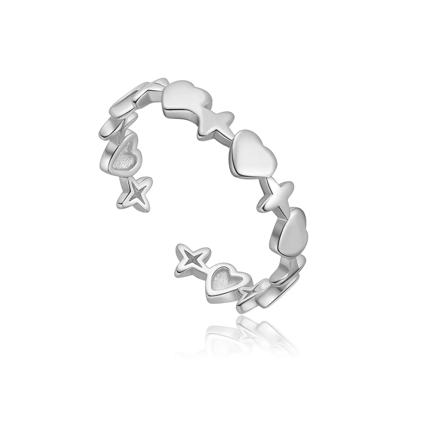 925 Sterling Silver Star & Heart Adjustable Open Ring for Girls Delicate Sweet Cute Stackable Daily Jewelry Gift Solvana