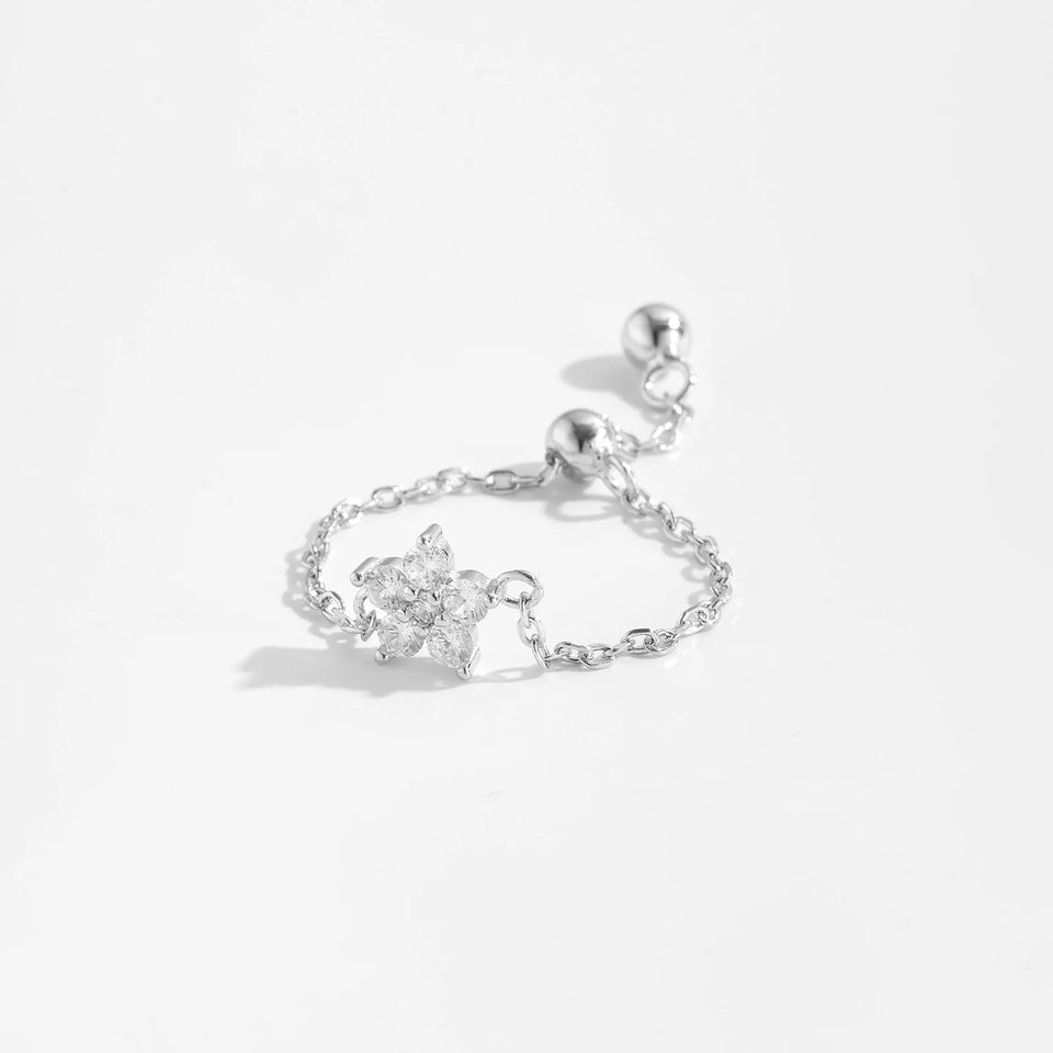 925 Sterling Silver Gold Flower CZ Zircon Chain Ring Adjustable Luxury Shiny Jewels Wedding Fine Jewelry Gift for Women Solvana
