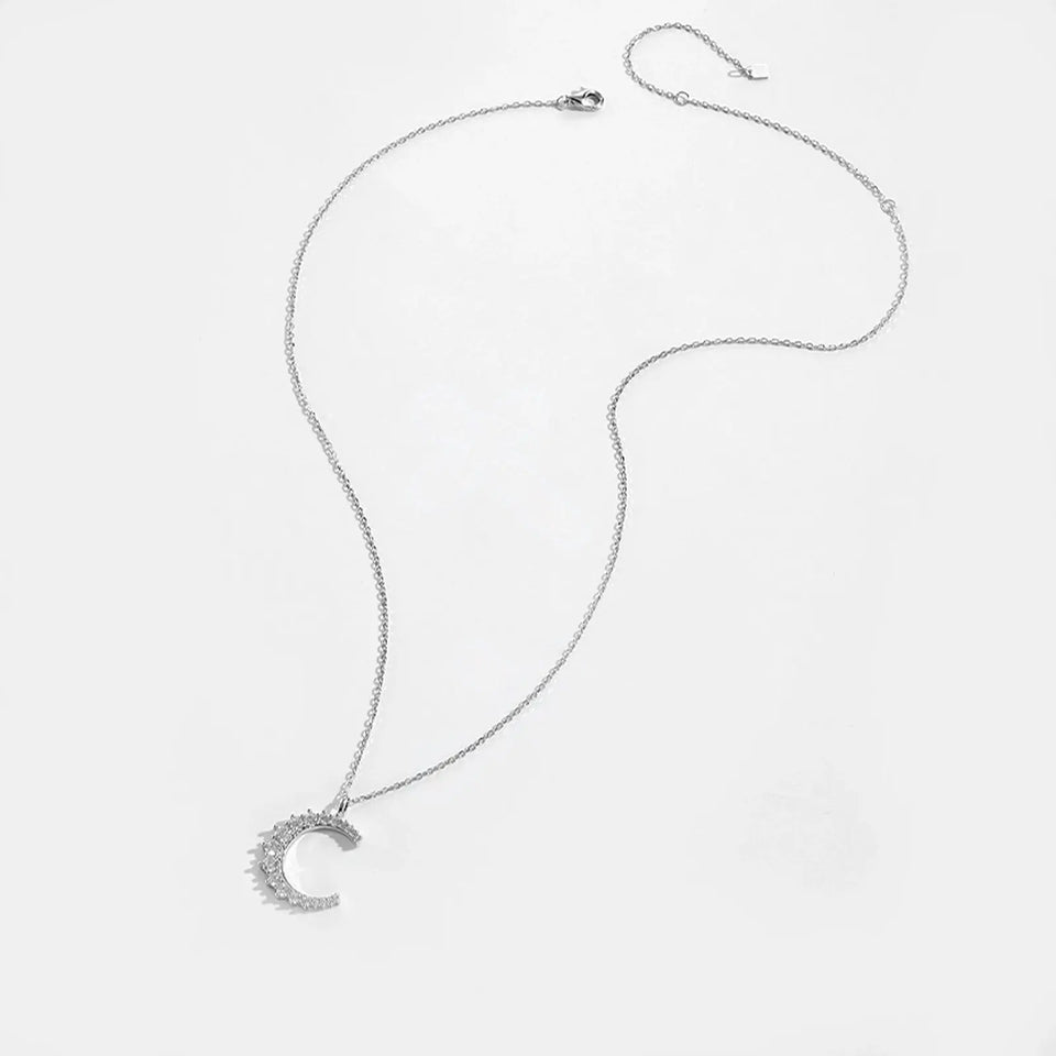 925 Sterling Silver Gold Zircon CZ Moon Pendant Big Pendant Long Chain Clear Women Luxury Jewelry Fine Jewelry Solvana