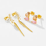 925 Sterling Silver 2023 Three Zircon Pink Champagne Piercing Stud Earring Women Rock Punk Wedding Jewelry Gift Solvana