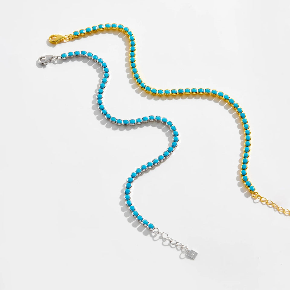 925 Sterling Silver Gold Turquoise 2mm BeadsTennis Cubic Zirconia Round Briliant Bracelet Long Women Fine Jewelry Solvana