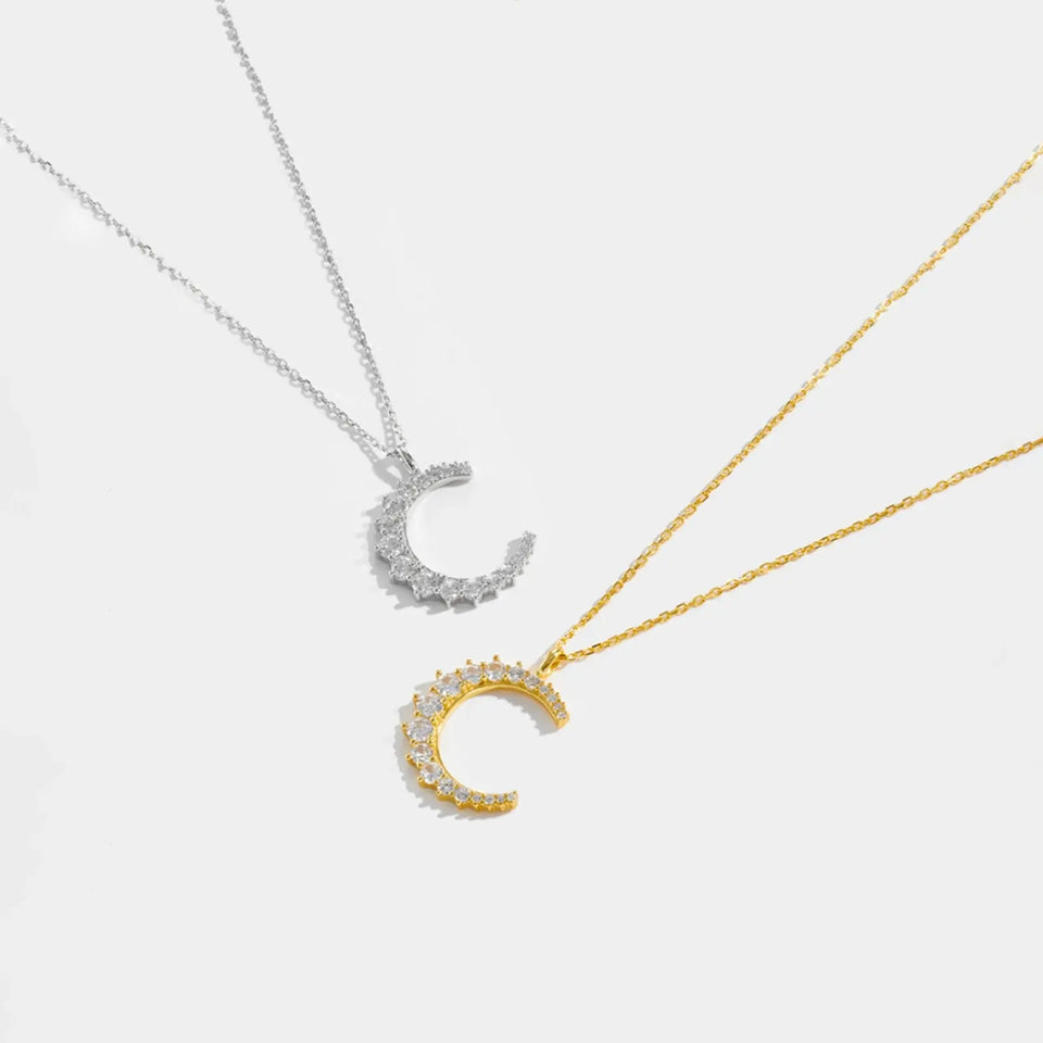 925 Sterling Silver Gold Zircon CZ Moon Pendant Big Pendant Long Chain Clear Women Luxury Jewelry Fine Jewelry Solvana