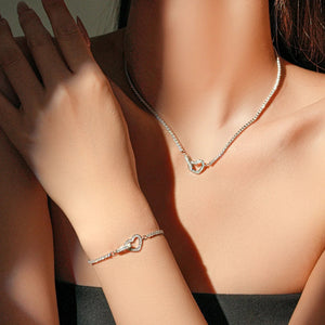 925 Silver Heart Link Jewelry Set,CZ Studded Necklace & Bracelet, Gift for Women,Gift Box Included,Elegant Everyday Wear Solvana