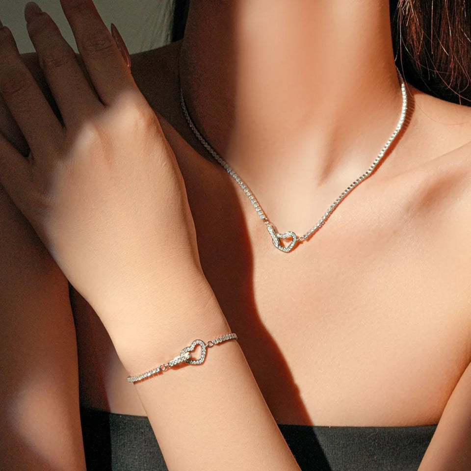 925 Silver Heart Link Jewelry Set,CZ Studded Necklace & Bracelet, Gift for Women,Gift Box Included,Elegant Everyday Wear Solvana