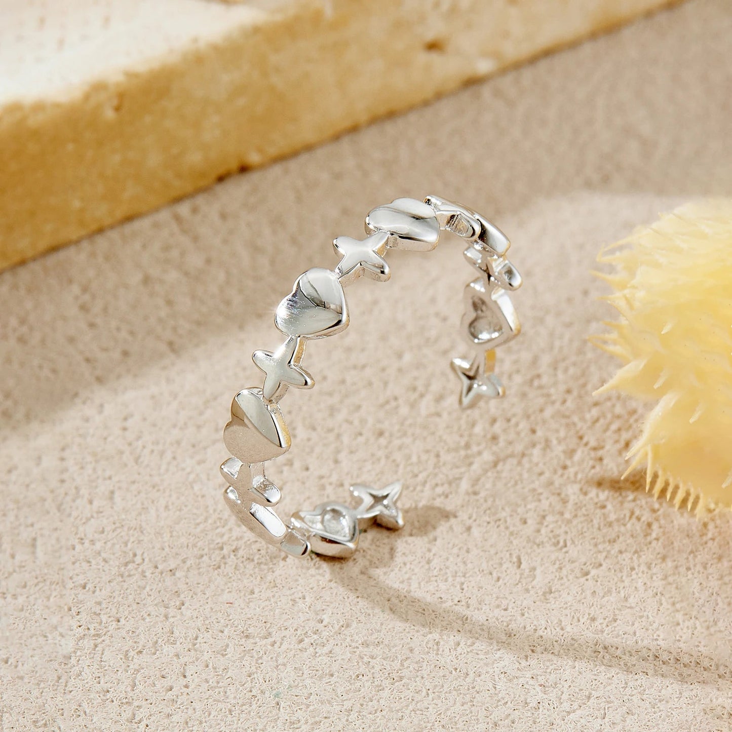 925 Sterling Silver Star & Heart Adjustable Open Ring for Girls Delicate Sweet Cute Stackable Daily Jewelry Gift Solvana