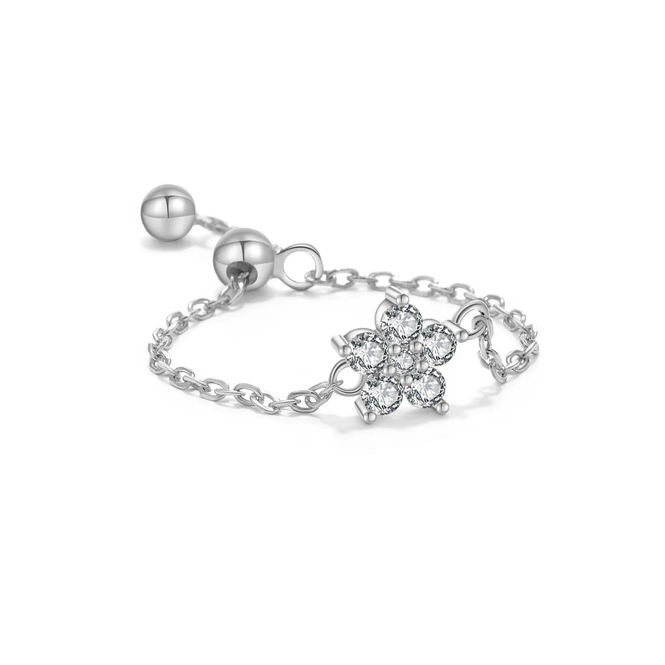 925 Sterling Silver Gold Flower CZ Zircon Chain Ring Adjustable Luxury Shiny Jewels Wedding Fine Jewelry Gift for Women Solvana