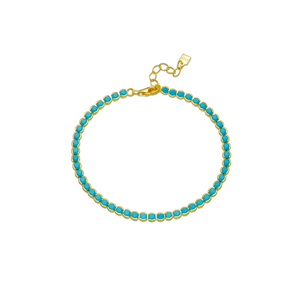 925 Sterling Silver Gold Turquoise 2mm BeadsTennis Cubic Zirconia Round Briliant Bracelet Long Women Fine Jewelry Solvana