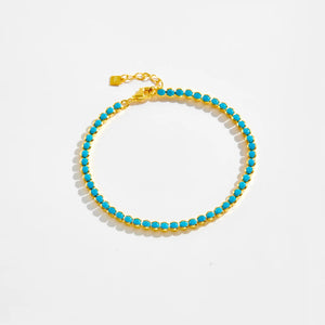 925 Sterling Silver Gold Turquoise 2mm BeadsTennis Cubic Zirconia Round Briliant Bracelet Long Women Fine Jewelry Solvana