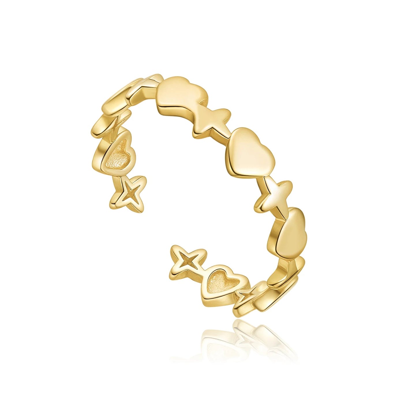 925 Sterling Silver Star & Heart Adjustable Open Ring for Girls Delicate Sweet Cute Stackable Daily Jewelry Gift Solvana