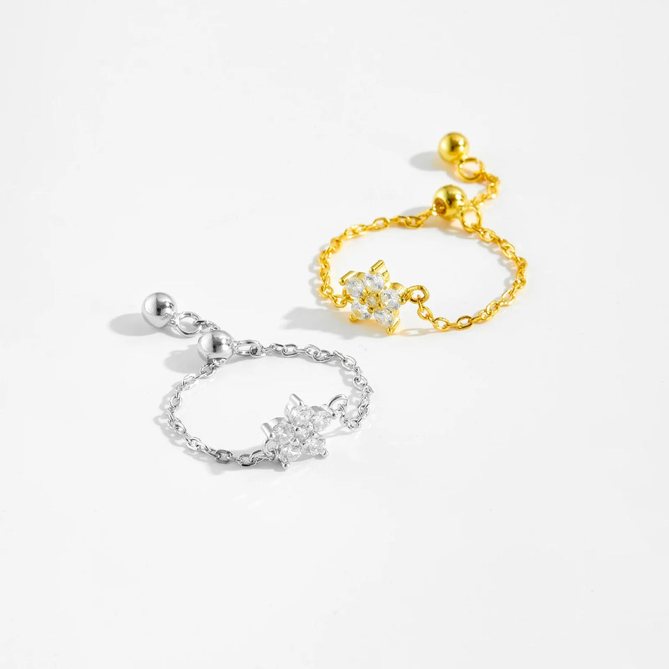 925 Sterling Silver Gold Flower CZ Zircon Chain Ring Adjustable Luxury Shiny Jewels Wedding Fine Jewelry Gift for Women Solvana