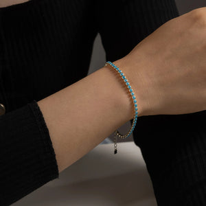 925 Sterling Silver Gold Turquoise 2mm BeadsTennis Cubic Zirconia Round Briliant Bracelet Long Women Fine Jewelry Solvana