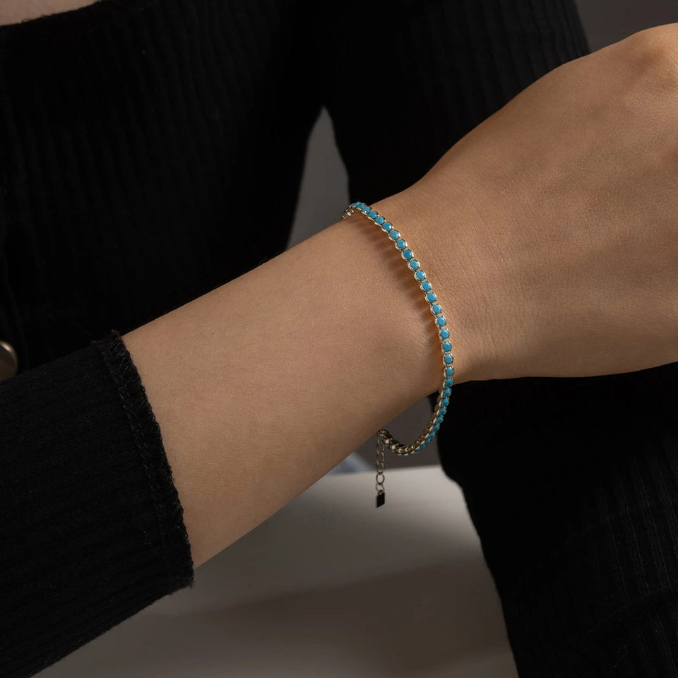 925 Sterling Silver Gold Turquoise 2mm BeadsTennis Cubic Zirconia Round Briliant Bracelet Long Women Fine Jewelry Solvana