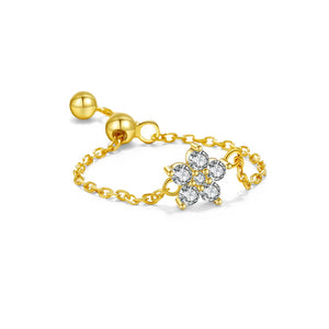 925 Sterling Silver Gold Flower CZ Zircon Chain Ring Adjustable Luxury Shiny Jewels Wedding Fine Jewelry Gift for Women Solvana