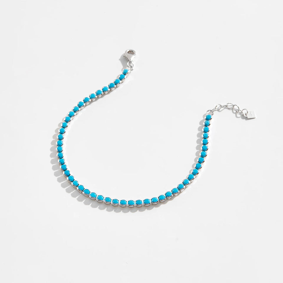 925 Sterling Silver Gold Turquoise 2mm BeadsTennis Cubic Zirconia Round Briliant Bracelet Long Women Fine Jewelry Solvana