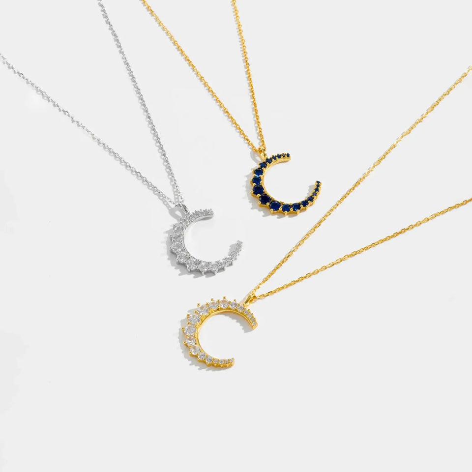 925 Sterling Silver Gold Zircon CZ Moon Pendant Big Pendant Long Chain Clear Women Luxury Jewelry Fine Jewelry Solvana