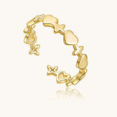 925 Sterling Silver Star & Heart Adjustable Open Ring for Girls Delicate Sweet Cute Stackable Daily Jewelry Gift Solvana