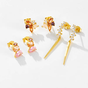 925 Sterling Silver 2023 Three Zircon Pink Champagne Piercing Stud Earring Women Rock Punk Wedding Jewelry Gift Solvana