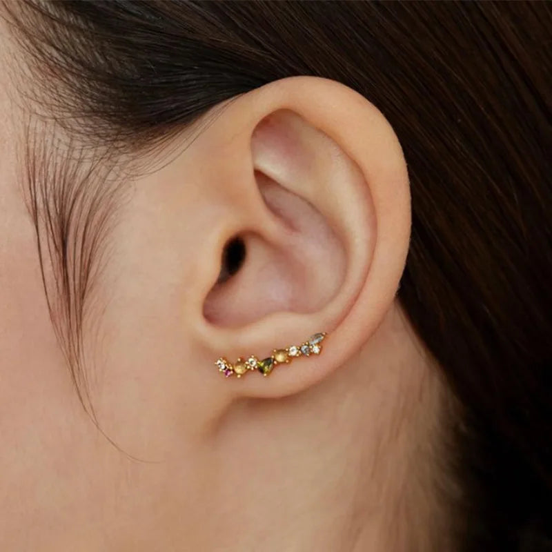 925 Sterling Silver Gold 18mm Climber Stud Earring Fine Thread Ear Pin Luxury Crystal CZ Zircon PiercingJewelry Solvana