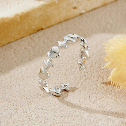 925 Sterling Silver Star & Heart Adjustable Open Ring for Girls Delicate Sweet Cute Stackable Daily Jewelry Gift Solvana
