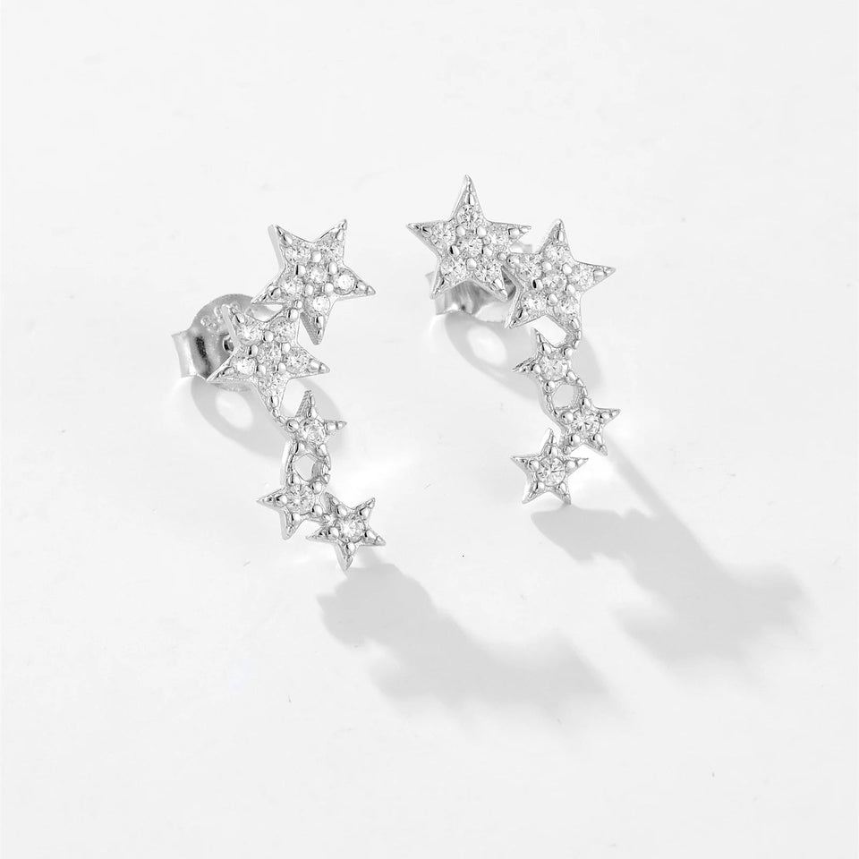 925 Sterling Silver Fine Star Long Stud Earring Clear Zircon CZ Fashion Fine Jewelry Line Star Crystal Jewelry Solvana