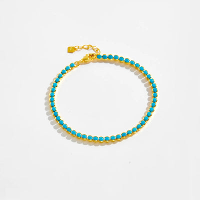 925 Sterling Silver Gold Turquoise 2mm BeadsTennis Cubic Zirconia Round Briliant Bracelet Long Women Fine Jewelry Solvana