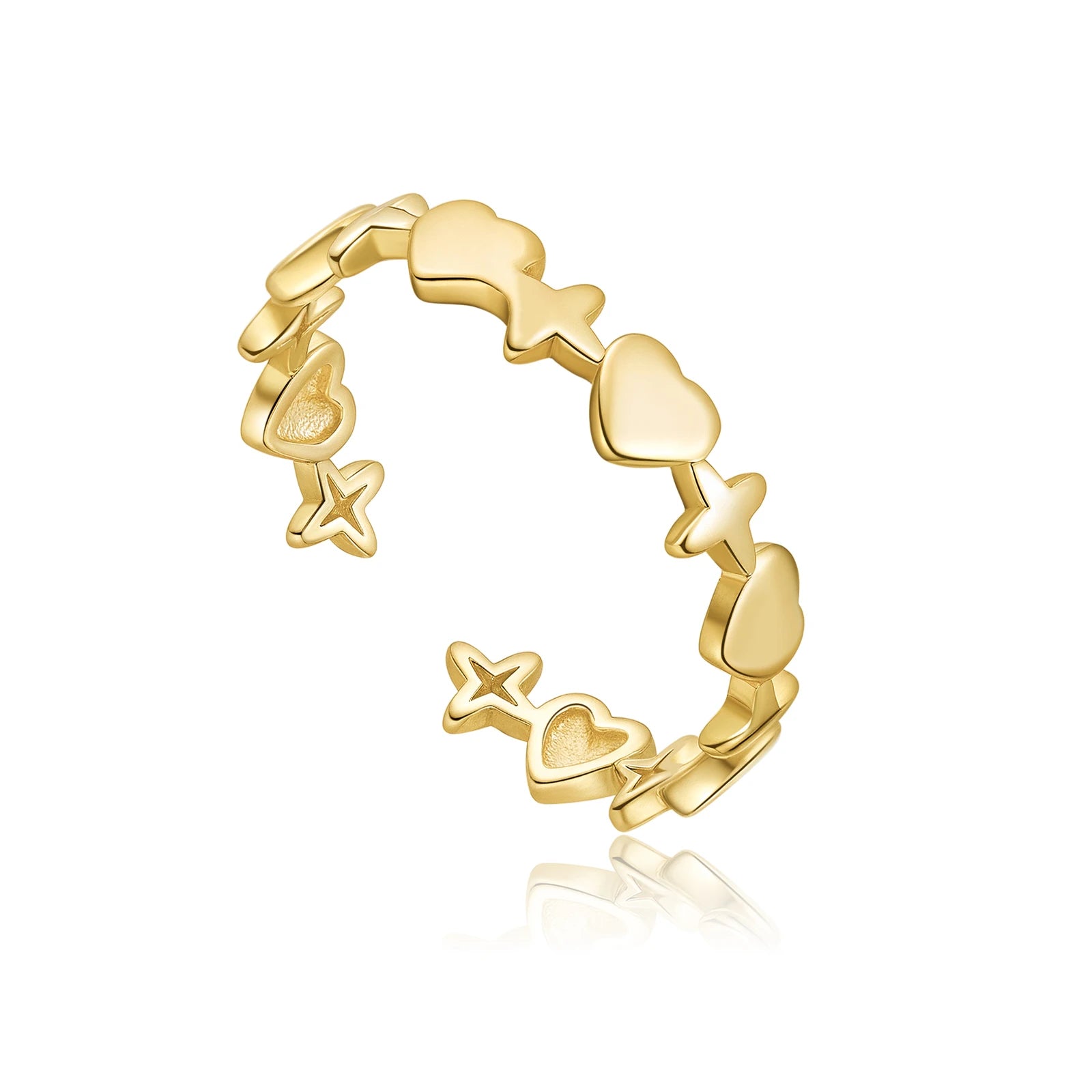 925 Sterling Silver Star & Heart Adjustable Open Ring for Girls Delicate Sweet Cute Stackable Daily Jewelry Gift Solvana